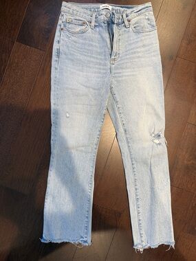 pistola Light Blue Straight Leg Jeans with Distressed Knee and Raw Hem